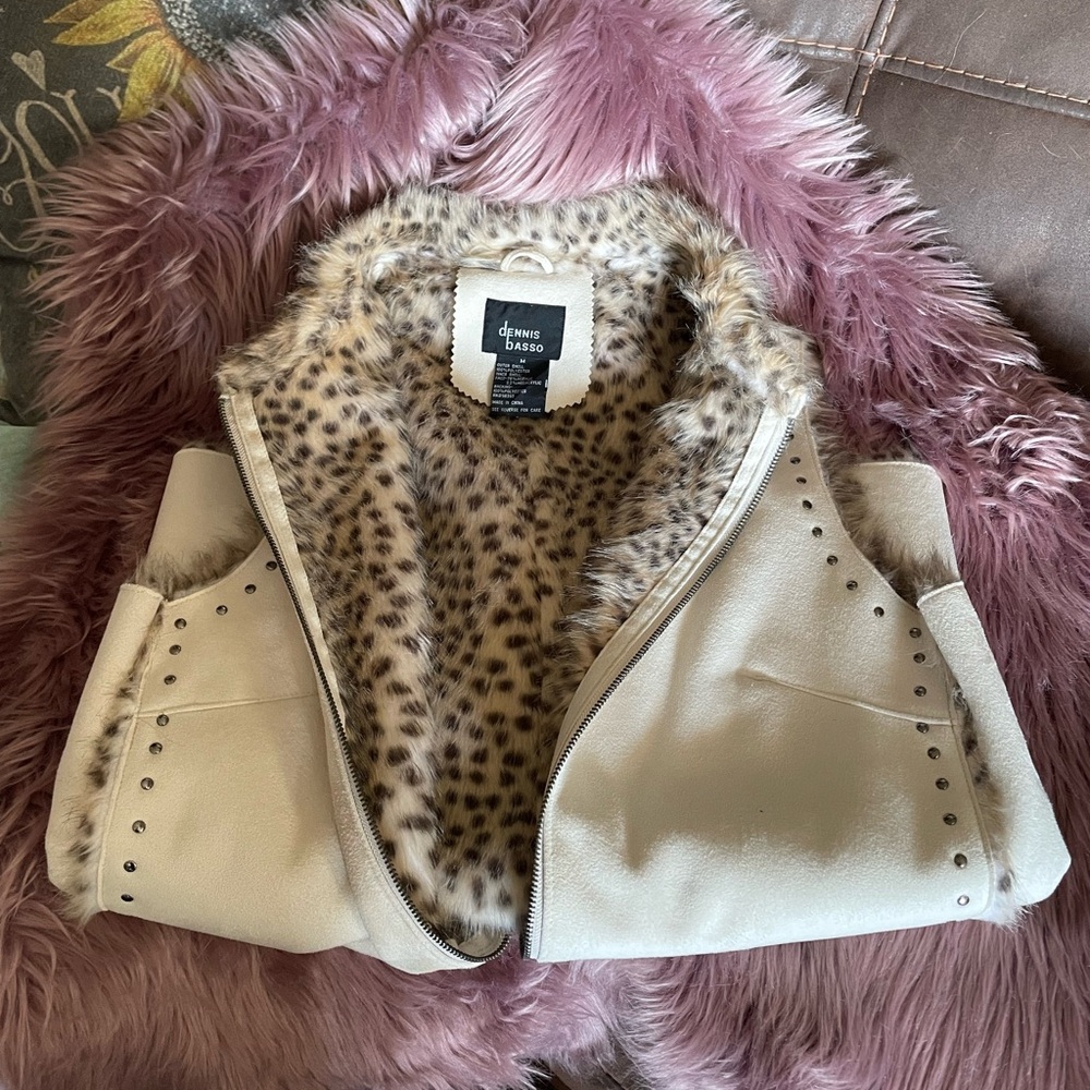 Dennis Basso Cream and Leopard Faux Fur Vest with Nailheads
